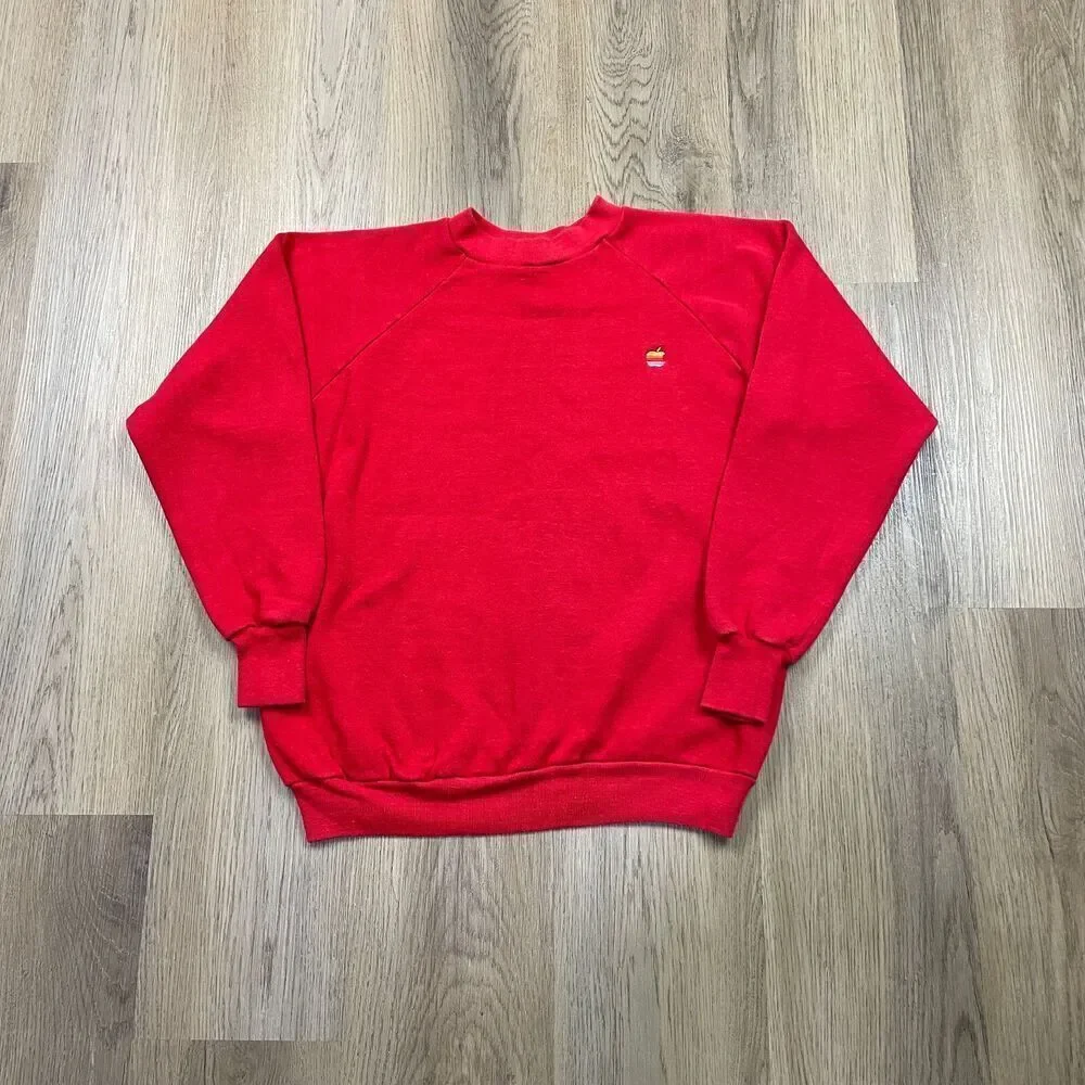 Vintage Sweatshirt Mens Large Red Apple Computers 80s Logo Fleece Crewneck